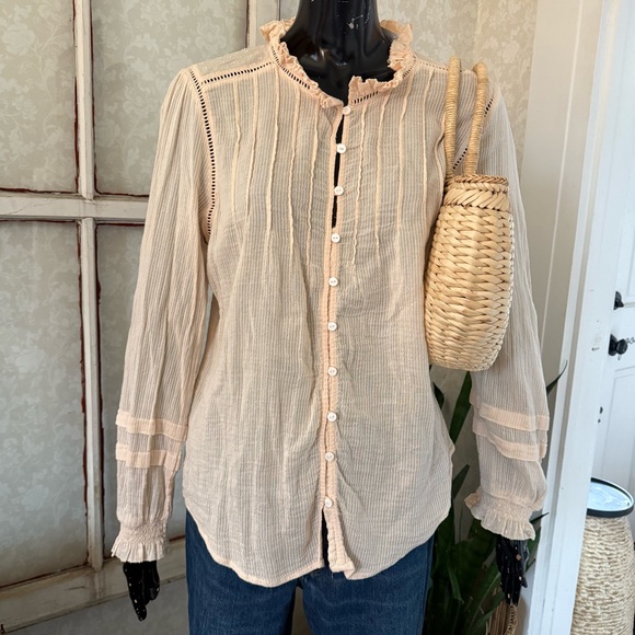 Faherty Tops - Faherty Willa Vanilla Cream Ruffle Neck Button 100% Cotton Blouse Boho Sz Large